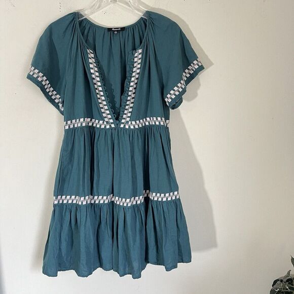 MADEWELL Embroidered Linen-Blend Flutter-Sleeve Tiered Dress Sz XXS green - Picture 2 of 6
